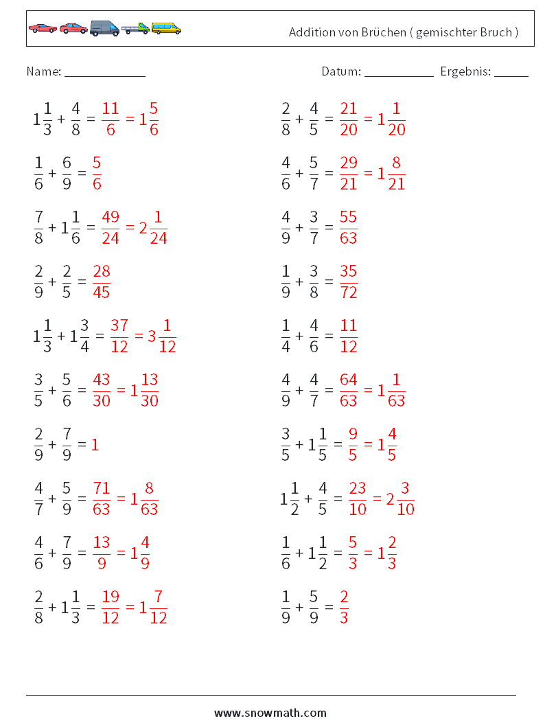 (20) Addition von Brüchen ( gemischter Bruch ) Mathe-Arbeitsblätter 9 Frage, Antwort