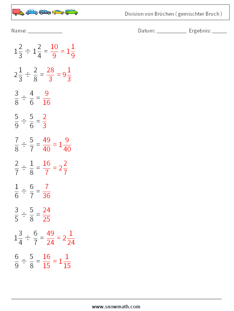 (10) Division von Brüchen ( gemischter Bruch ) Mathe-Arbeitsblätter 11 Frage, Antwort