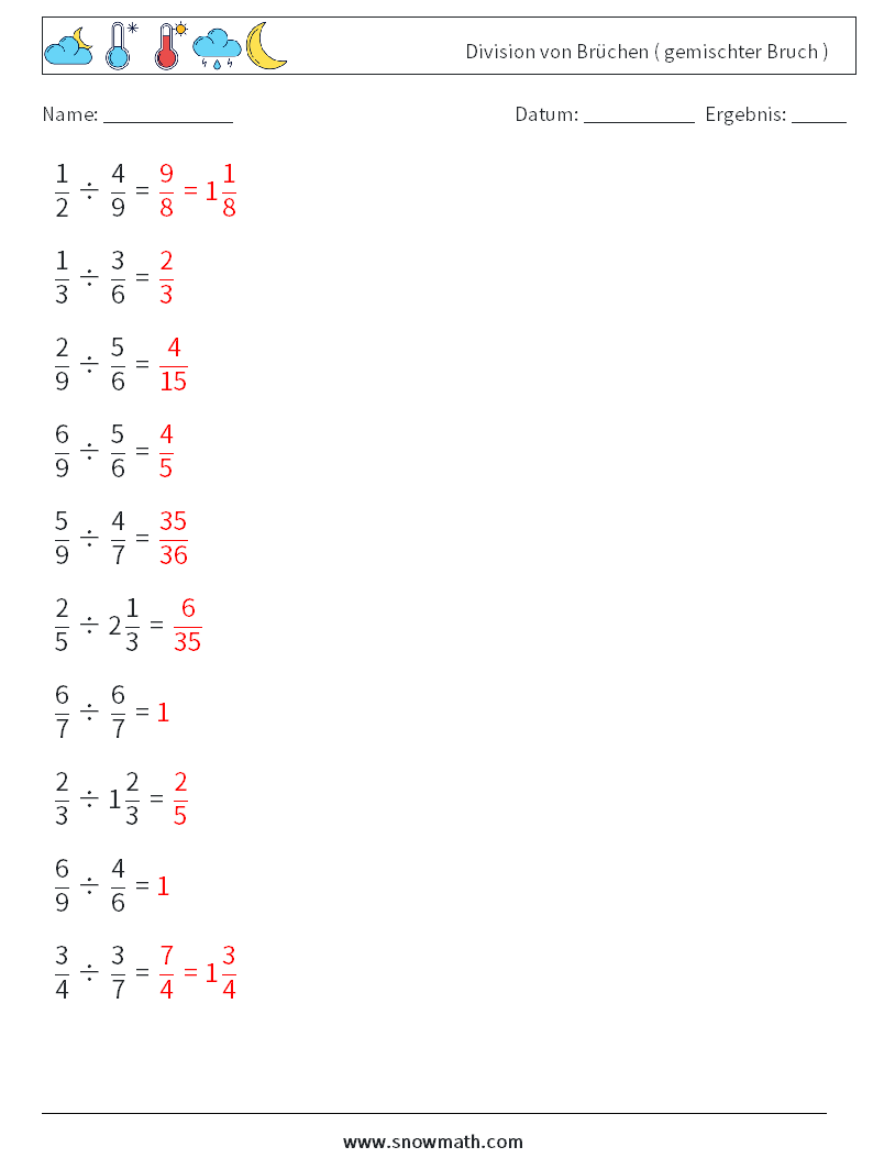 (10) Division von Brüchen ( gemischter Bruch ) Mathe-Arbeitsblätter 12 Frage, Antwort