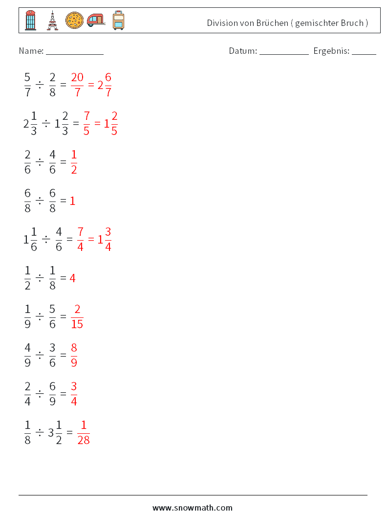 (10) Division von Brüchen ( gemischter Bruch ) Mathe-Arbeitsblätter 14 Frage, Antwort