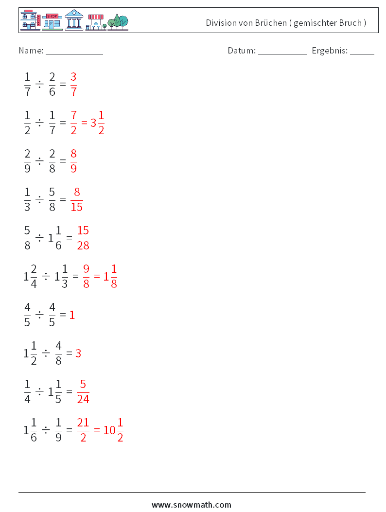 (10) Division von Brüchen ( gemischter Bruch ) Mathe-Arbeitsblätter 17 Frage, Antwort