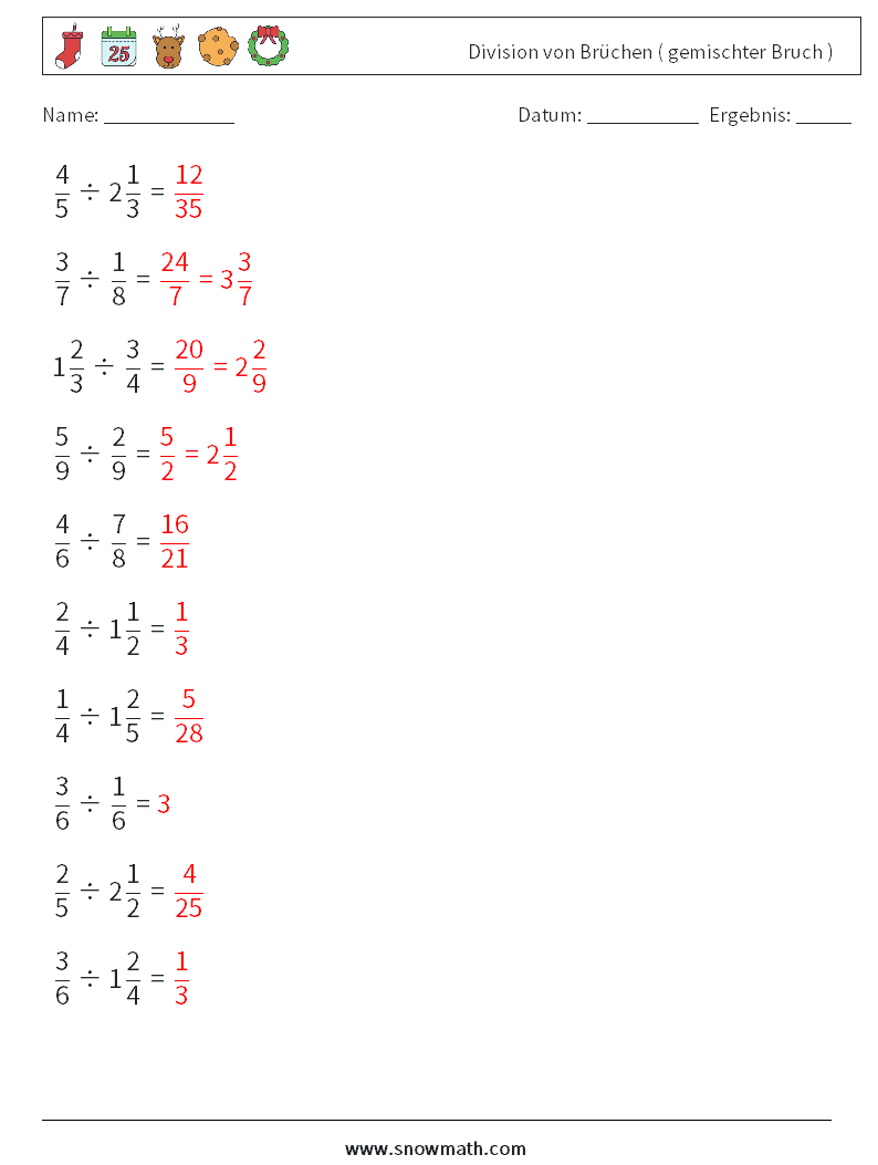 (10) Division von Brüchen ( gemischter Bruch ) Mathe-Arbeitsblätter 18 Frage, Antwort