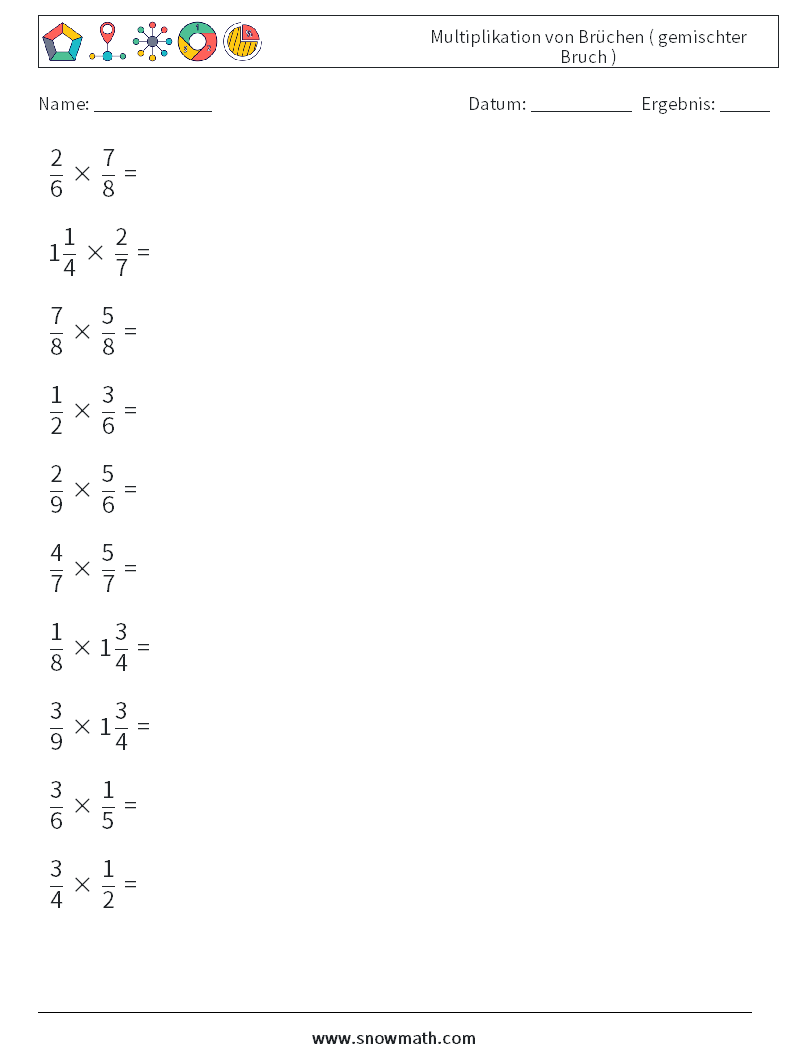 (10) Multiplikation von Brüchen ( gemischter Bruch ) Mathe-Arbeitsblätter 10