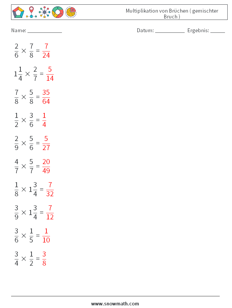 (10) Multiplikation von Brüchen ( gemischter Bruch ) Mathe-Arbeitsblätter 10 Frage, Antwort