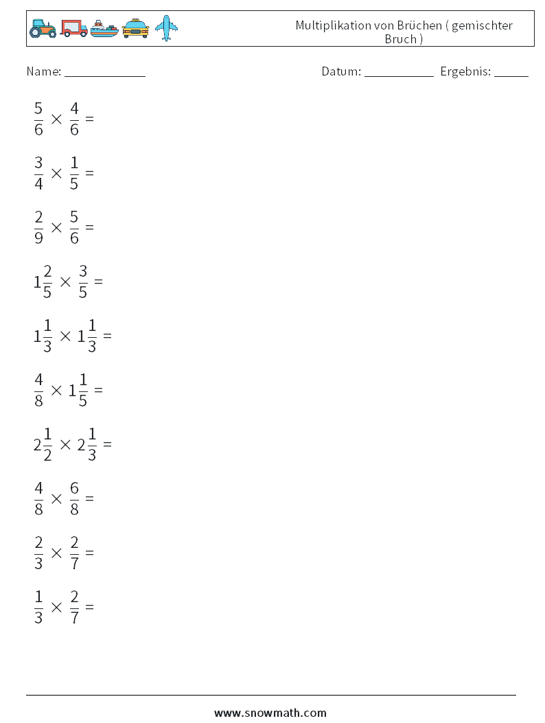 (10) Multiplikation von Brüchen ( gemischter Bruch ) Mathe-Arbeitsblätter 12