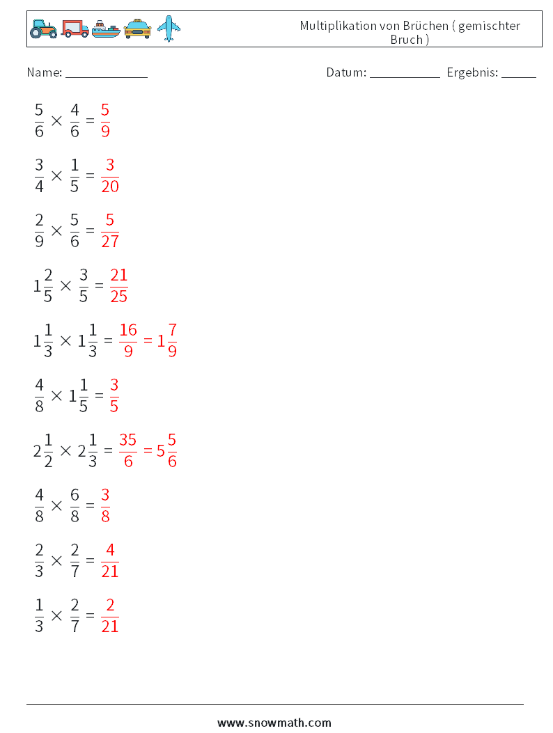 (10) Multiplikation von Brüchen ( gemischter Bruch ) Mathe-Arbeitsblätter 12 Frage, Antwort