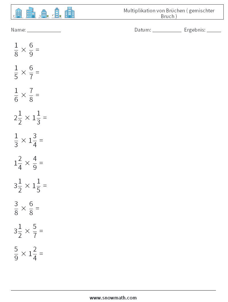 (10) Multiplikation von Brüchen ( gemischter Bruch ) Mathe-Arbeitsblätter 13
