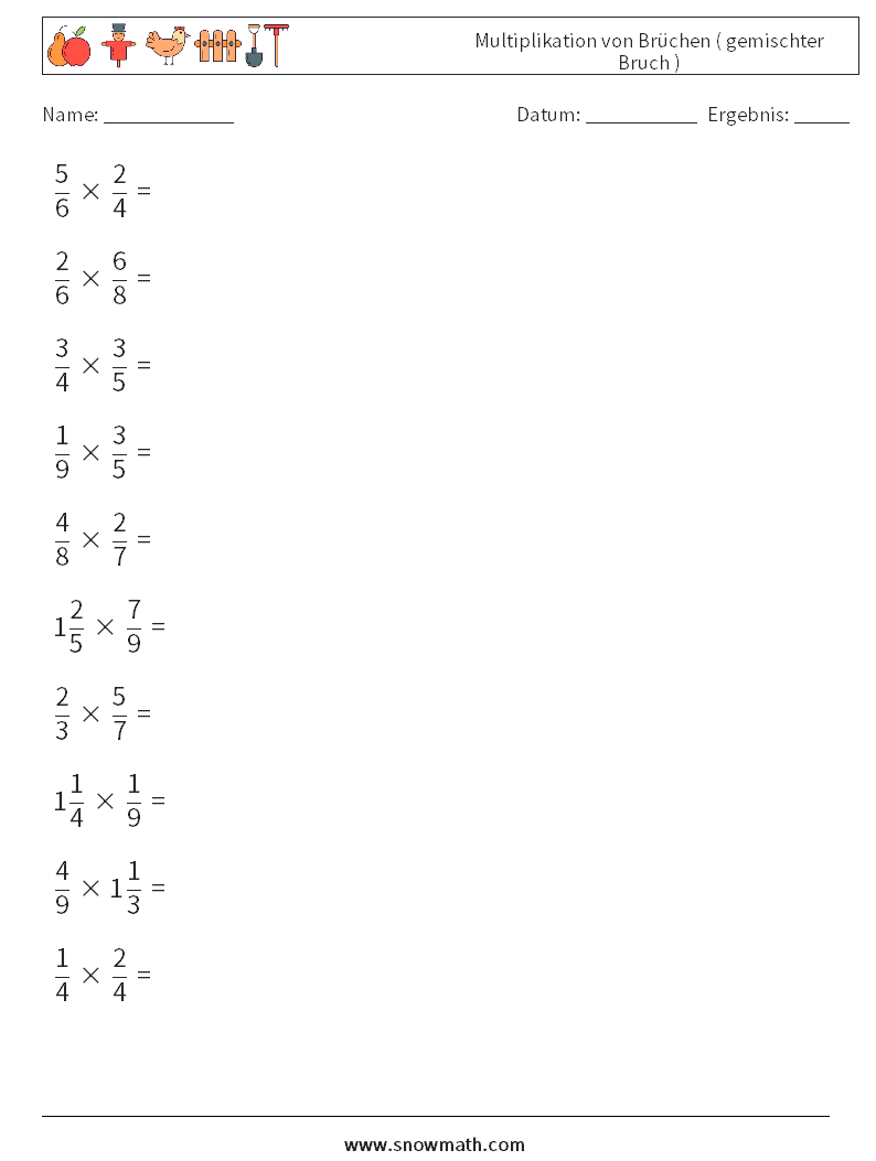 (10) Multiplikation von Brüchen ( gemischter Bruch ) Mathe-Arbeitsblätter 14