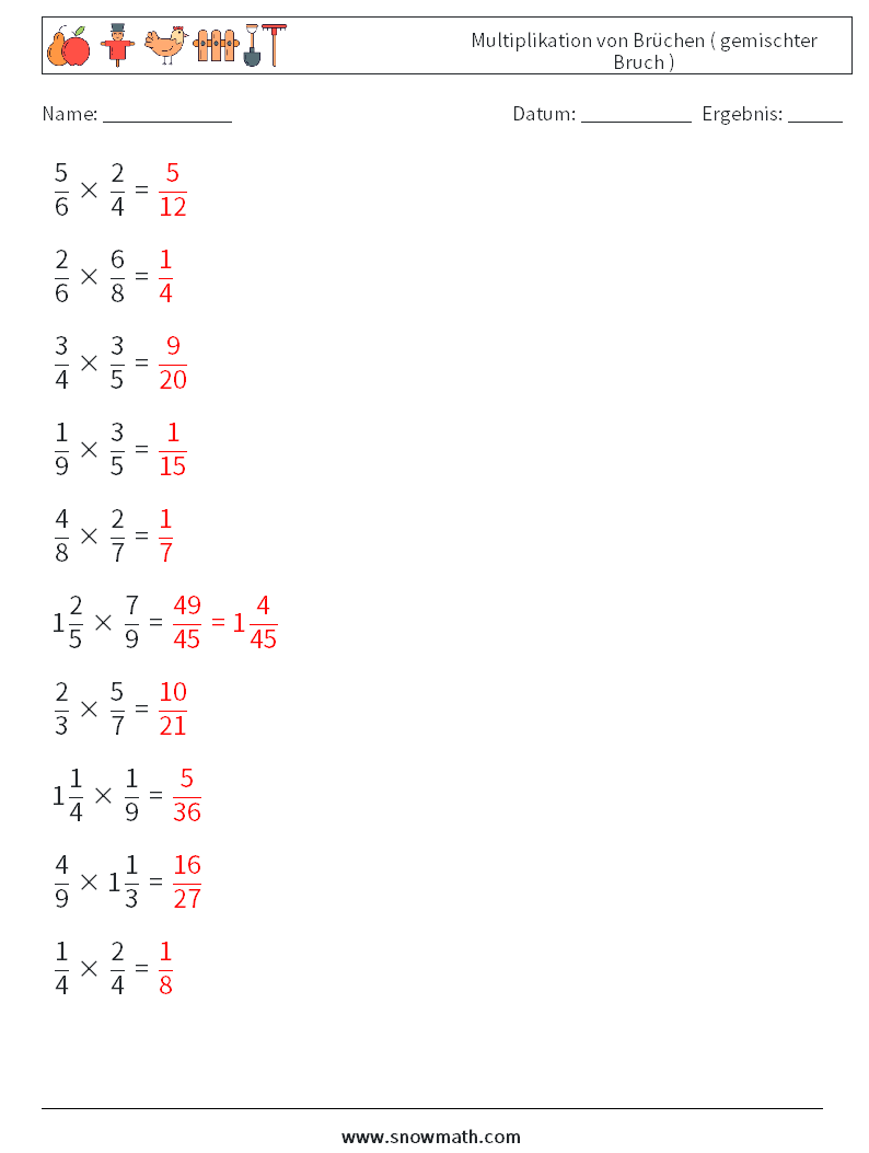 (10) Multiplikation von Brüchen ( gemischter Bruch ) Mathe-Arbeitsblätter 14 Frage, Antwort