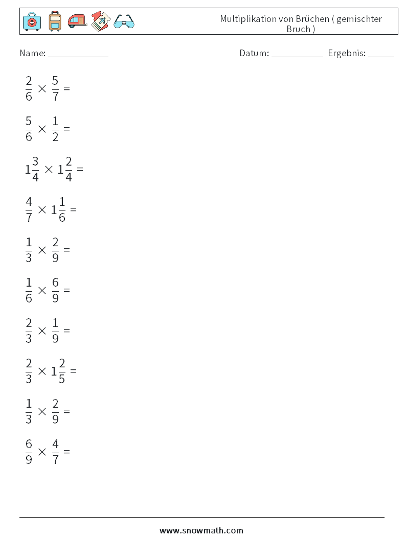 (10) Multiplikation von Brüchen ( gemischter Bruch ) Mathe-Arbeitsblätter 15