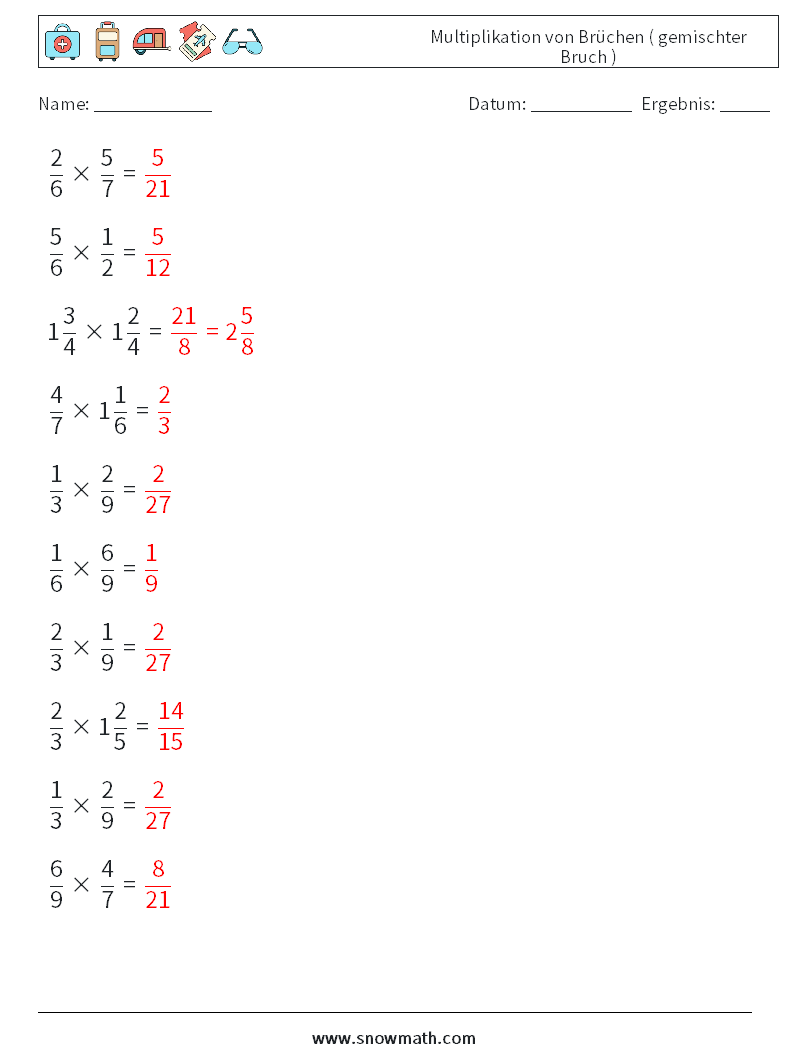 (10) Multiplikation von Brüchen ( gemischter Bruch ) Mathe-Arbeitsblätter 15 Frage, Antwort