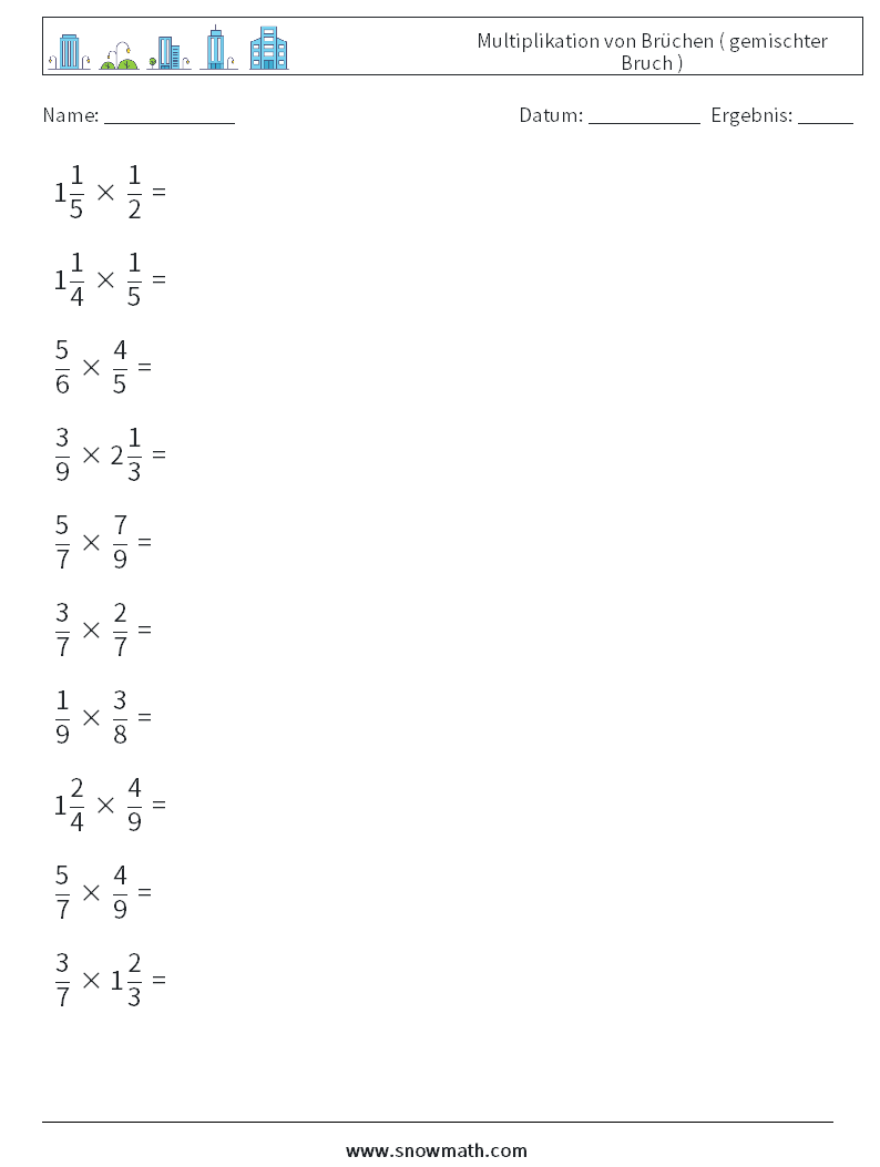 (10) Multiplikation von Brüchen ( gemischter Bruch ) Mathe-Arbeitsblätter 16