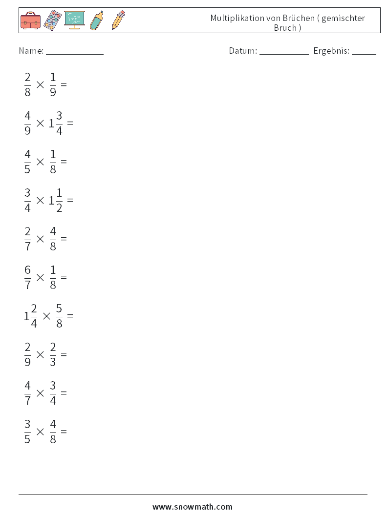 (10) Multiplikation von Brüchen ( gemischter Bruch ) Mathe-Arbeitsblätter 17