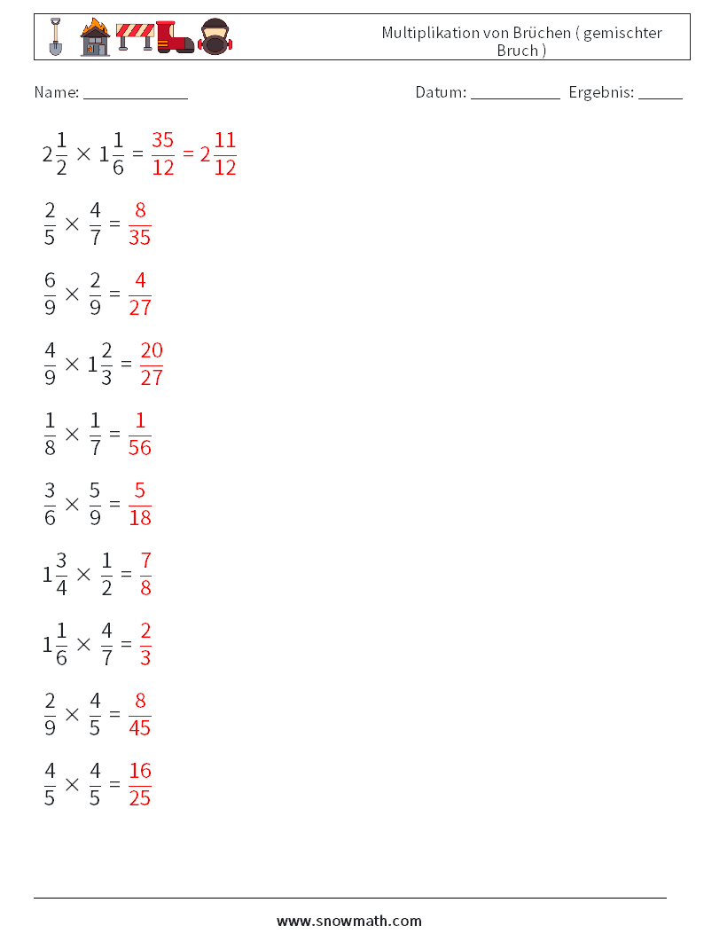 (10) Multiplikation von Brüchen ( gemischter Bruch ) Mathe-Arbeitsblätter 18 Frage, Antwort