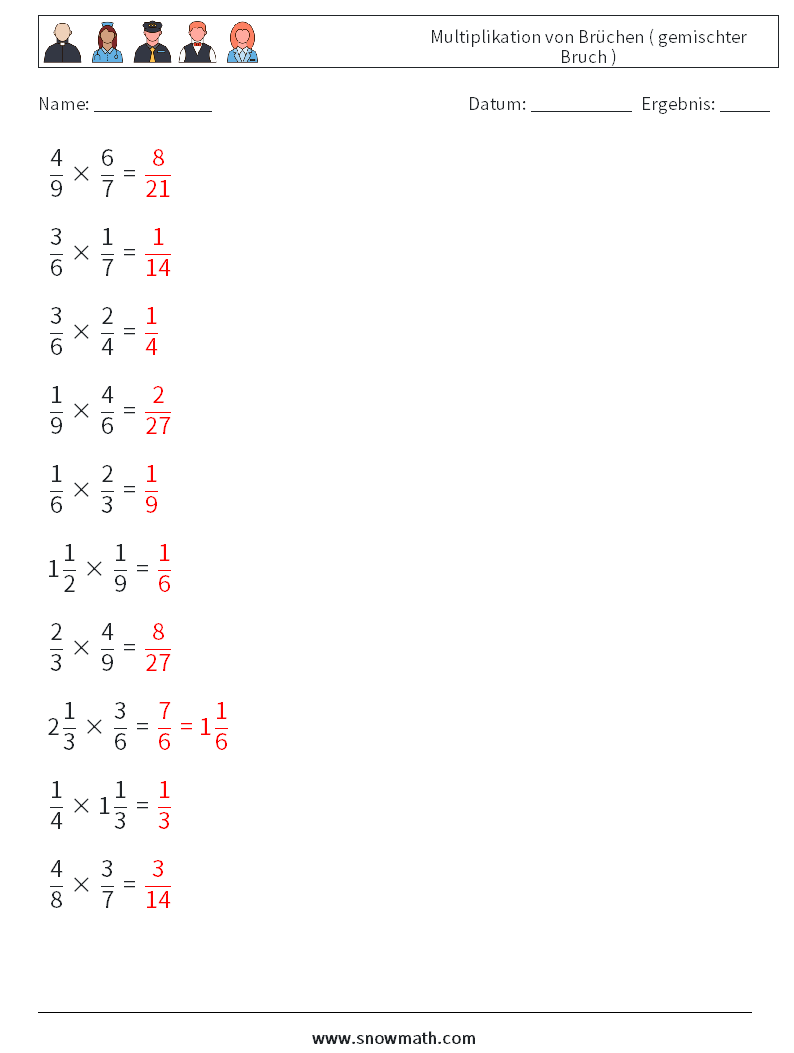 (10) Multiplikation von Brüchen ( gemischter Bruch ) Mathe-Arbeitsblätter 2 Frage, Antwort