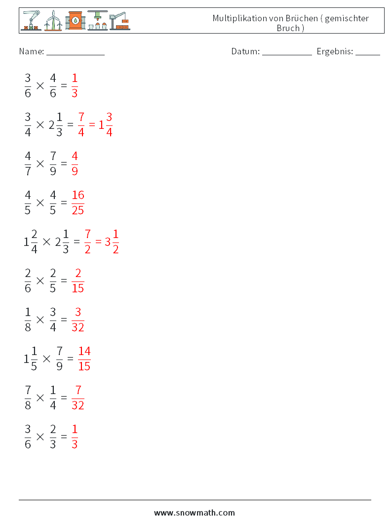 (10) Multiplikation von Brüchen ( gemischter Bruch ) Mathe-Arbeitsblätter 3 Frage, Antwort