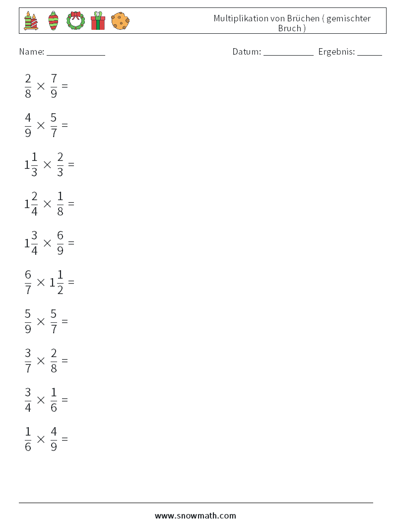 (10) Multiplikation von Brüchen ( gemischter Bruch ) Mathe-Arbeitsblätter 4