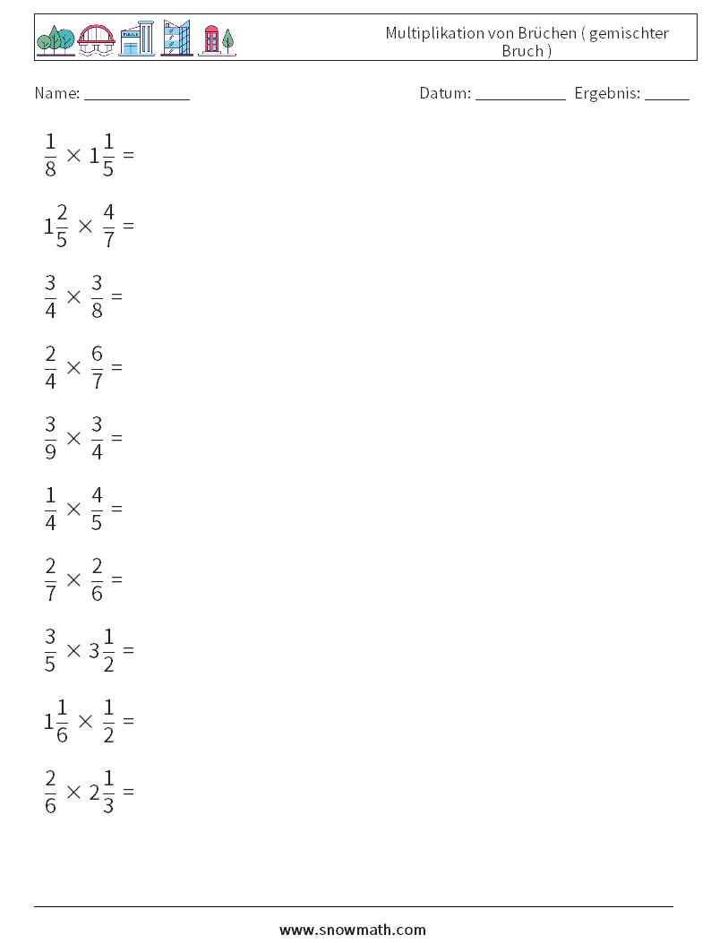 (10) Multiplikation von Brüchen ( gemischter Bruch ) Mathe-Arbeitsblätter 5