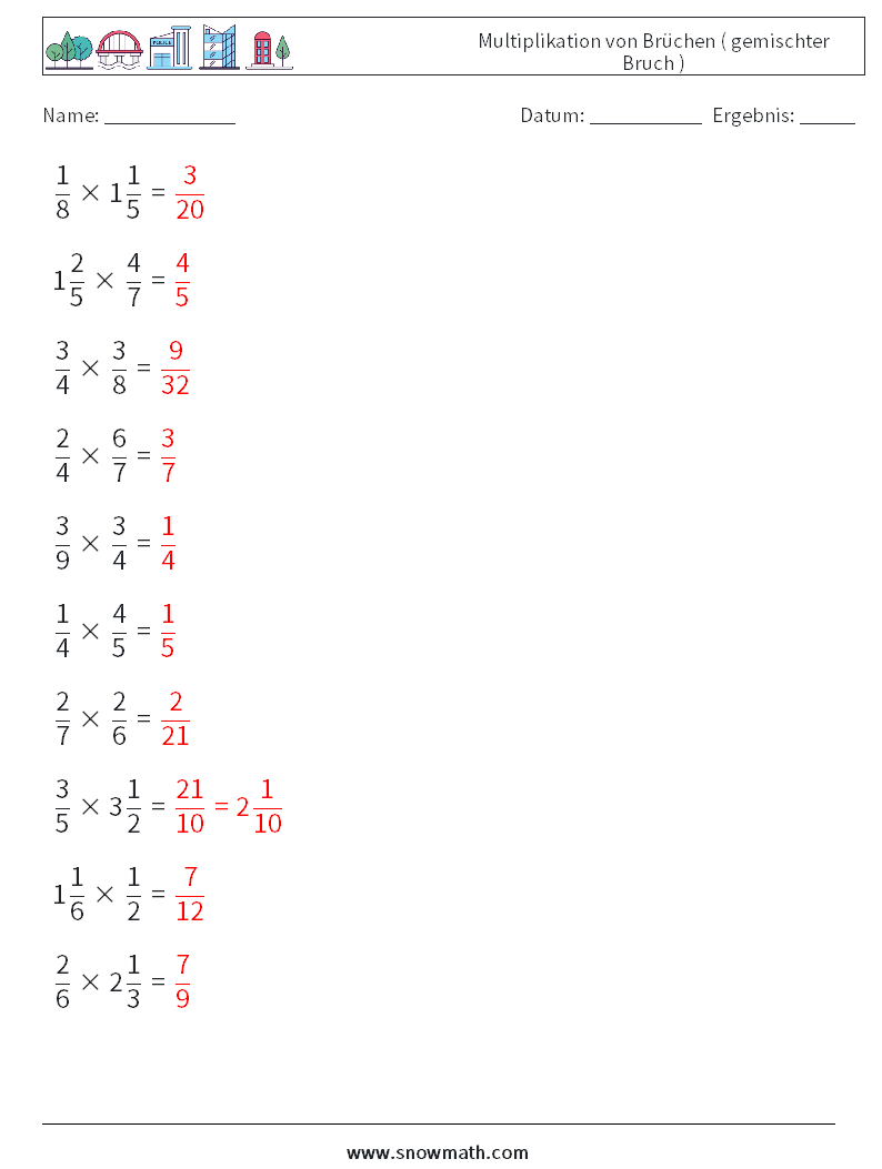 (10) Multiplikation von Brüchen ( gemischter Bruch ) Mathe-Arbeitsblätter 5 Frage, Antwort