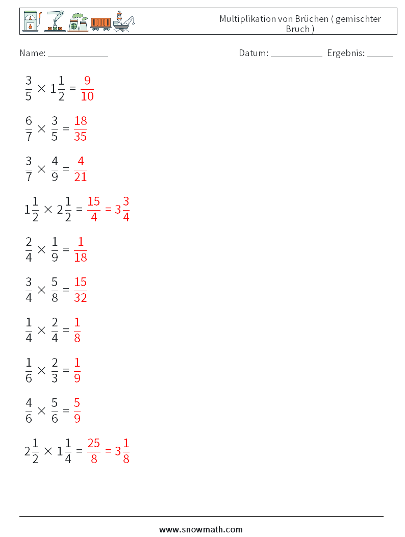 (10) Multiplikation von Brüchen ( gemischter Bruch ) Mathe-Arbeitsblätter 6 Frage, Antwort