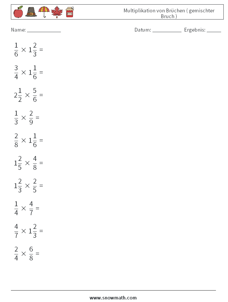 (10) Multiplikation von Brüchen ( gemischter Bruch ) Mathe-Arbeitsblätter 7