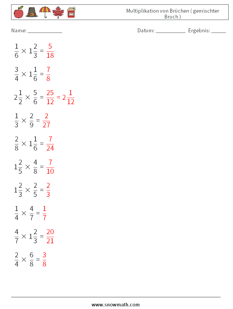 (10) Multiplikation von Brüchen ( gemischter Bruch ) Mathe-Arbeitsblätter 7 Frage, Antwort