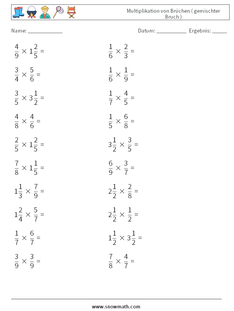 (20) Multiplikation von Brüchen ( gemischter Bruch ) Mathe-Arbeitsblätter 10