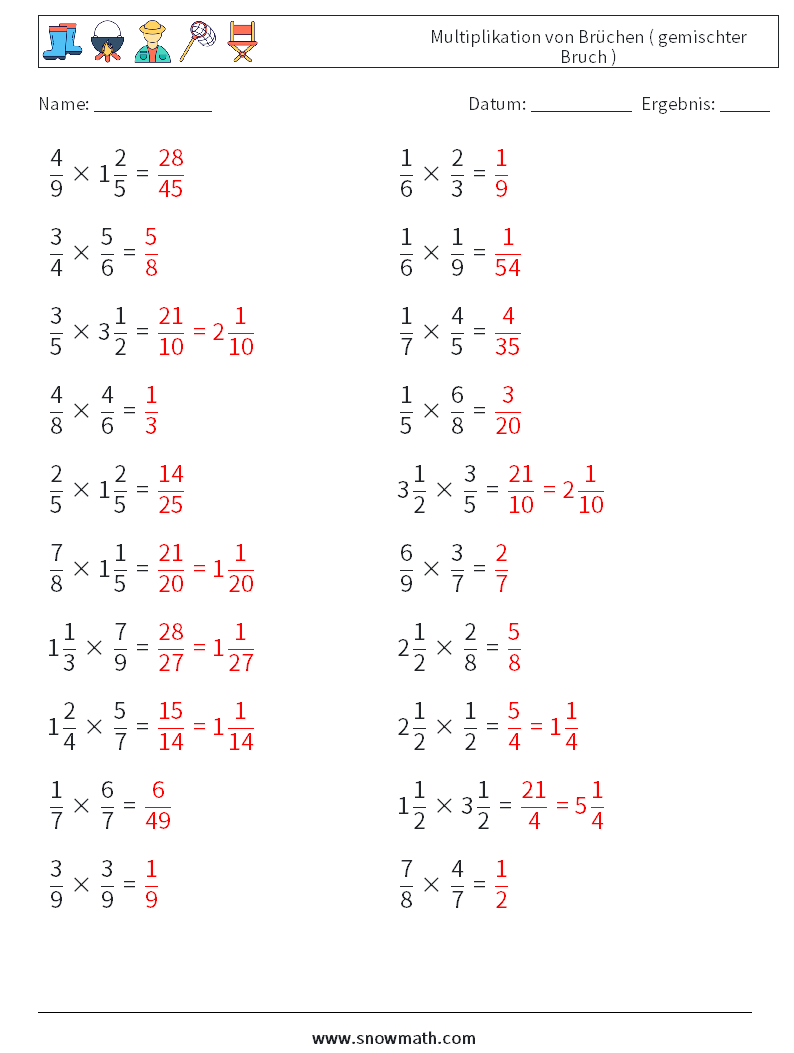 (20) Multiplikation von Brüchen ( gemischter Bruch ) Mathe-Arbeitsblätter 10 Frage, Antwort