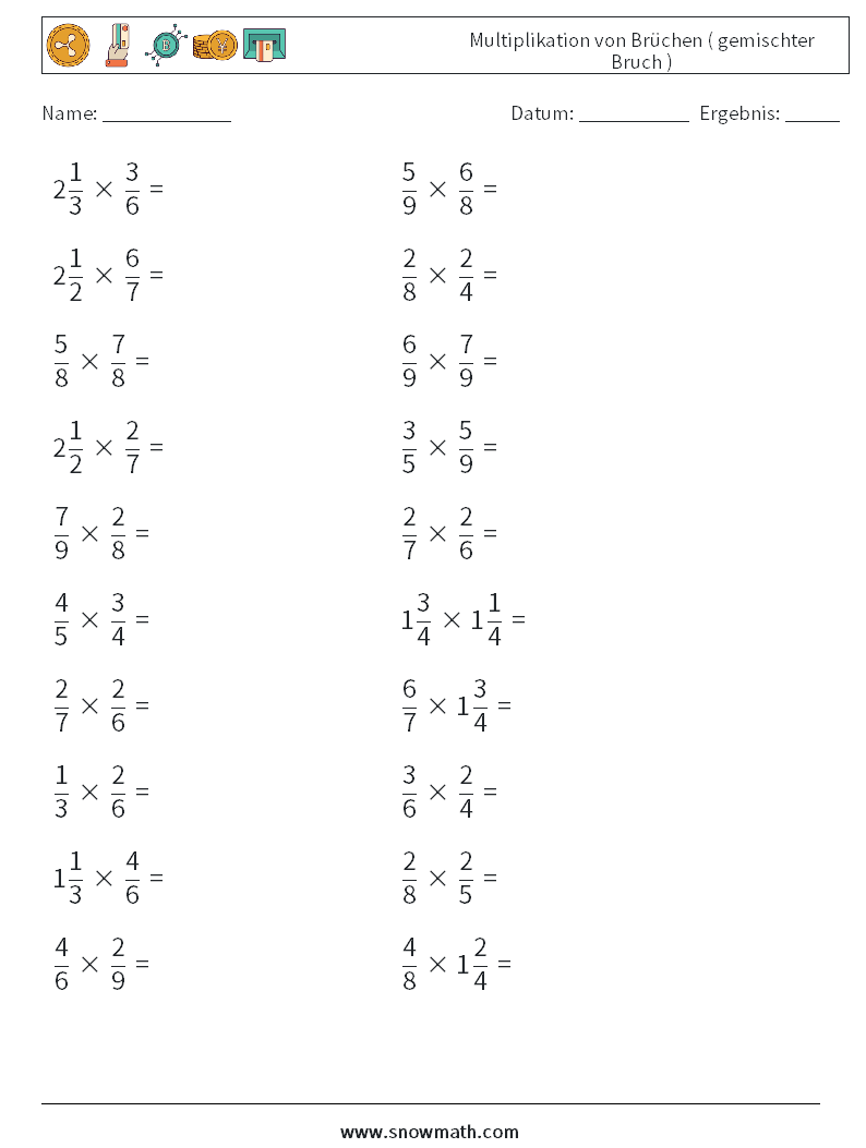 (20) Multiplikation von Brüchen ( gemischter Bruch ) Mathe-Arbeitsblätter 11