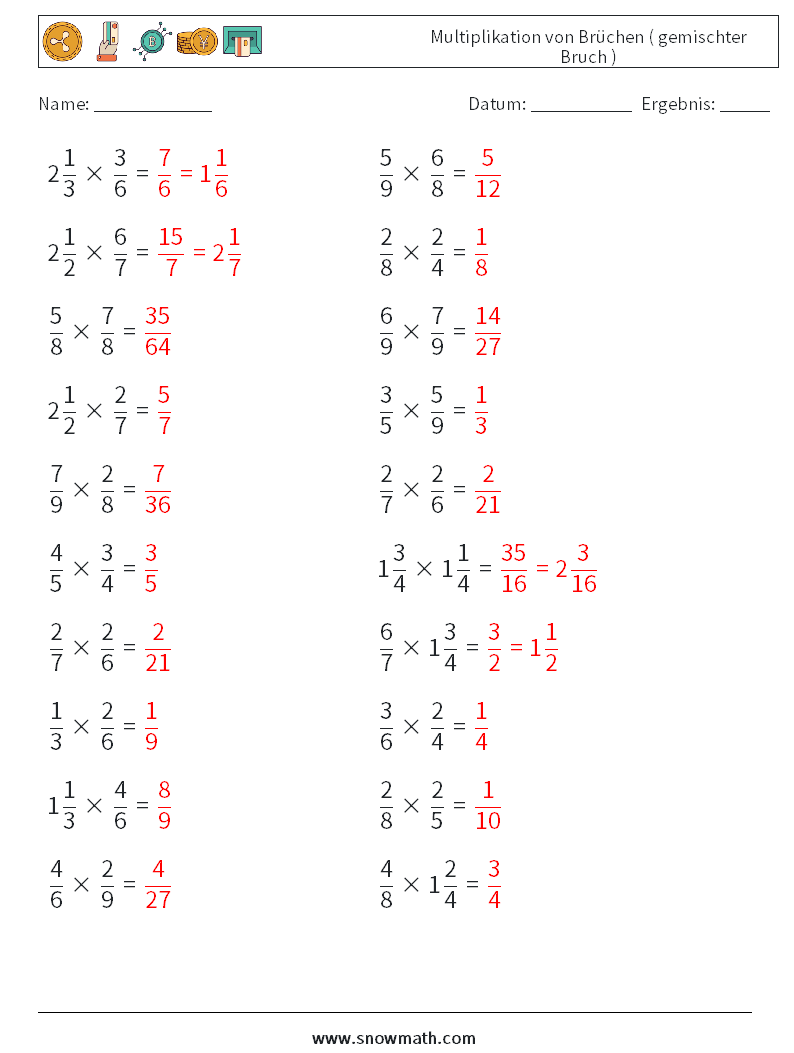 (20) Multiplikation von Brüchen ( gemischter Bruch ) Mathe-Arbeitsblätter 11 Frage, Antwort