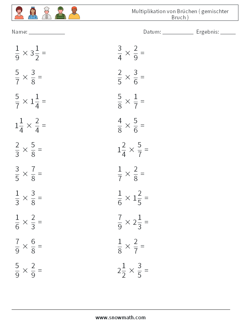 (20) Multiplikation von Brüchen ( gemischter Bruch ) Mathe-Arbeitsblätter 12