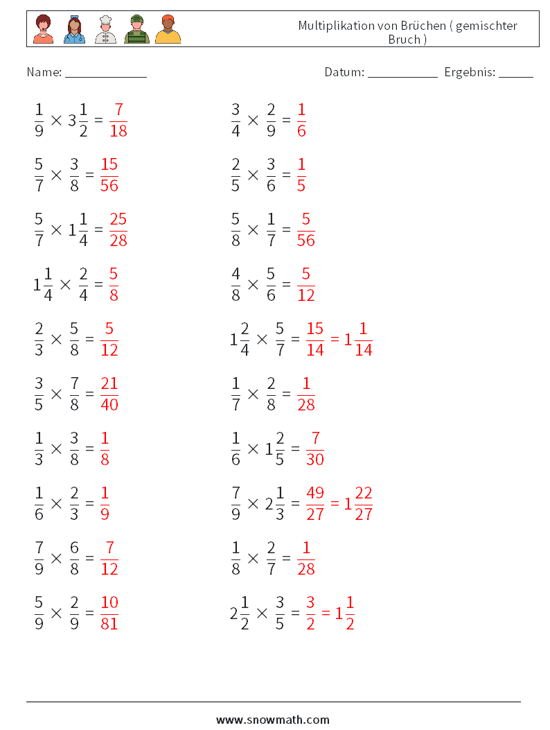 (20) Multiplikation von Brüchen ( gemischter Bruch ) Mathe-Arbeitsblätter 12 Frage, Antwort