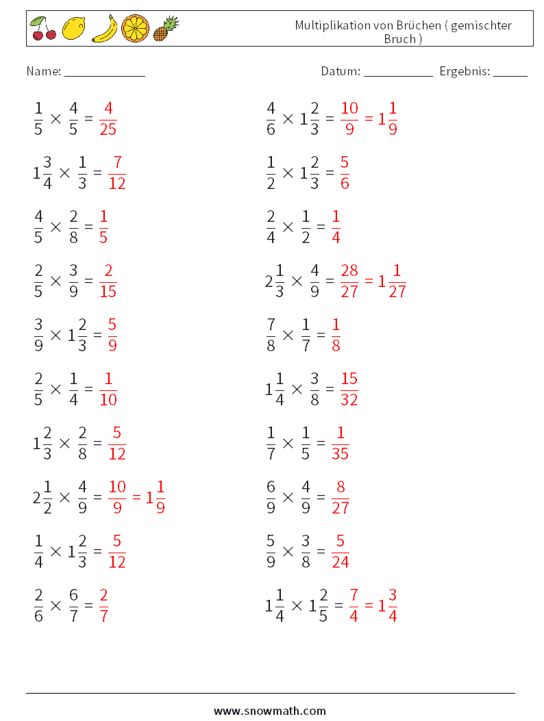 (20) Multiplikation von Brüchen ( gemischter Bruch ) Mathe-Arbeitsblätter 13 Frage, Antwort