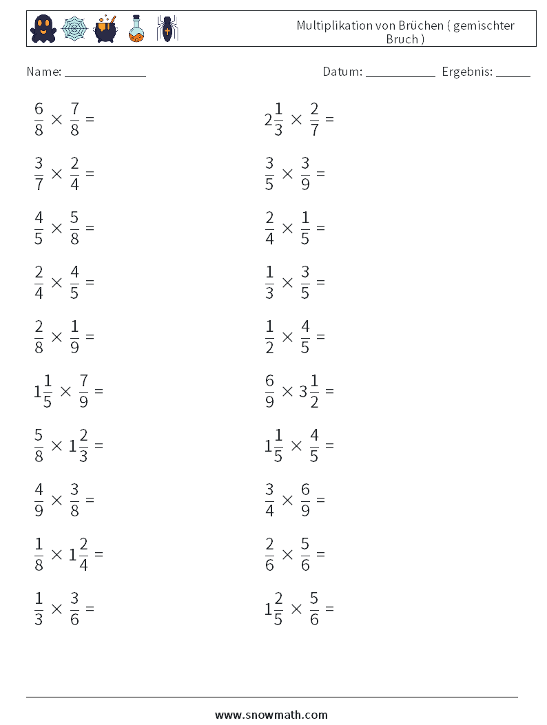 (20) Multiplikation von Brüchen ( gemischter Bruch ) Mathe-Arbeitsblätter 14
