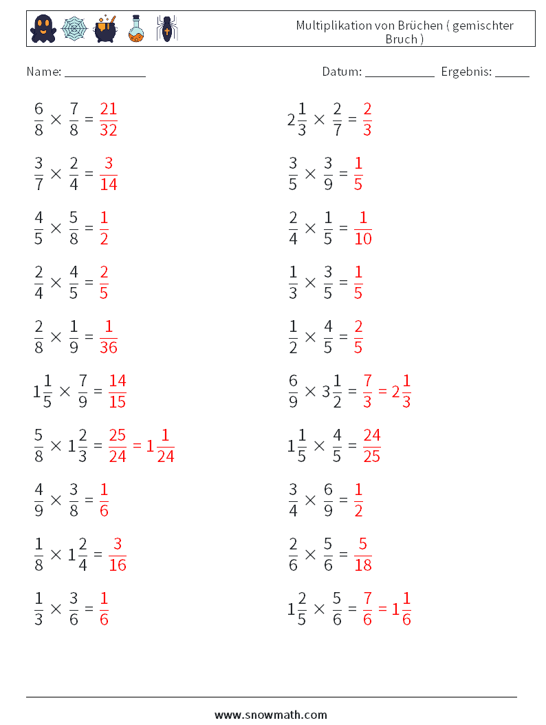 (20) Multiplikation von Brüchen ( gemischter Bruch ) Mathe-Arbeitsblätter 14 Frage, Antwort