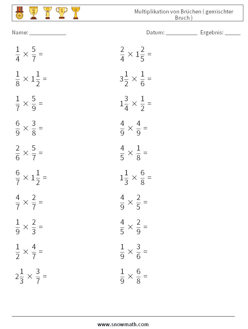 (20) Multiplikation von Brüchen ( gemischter Bruch ) Mathe-Arbeitsblätter 15