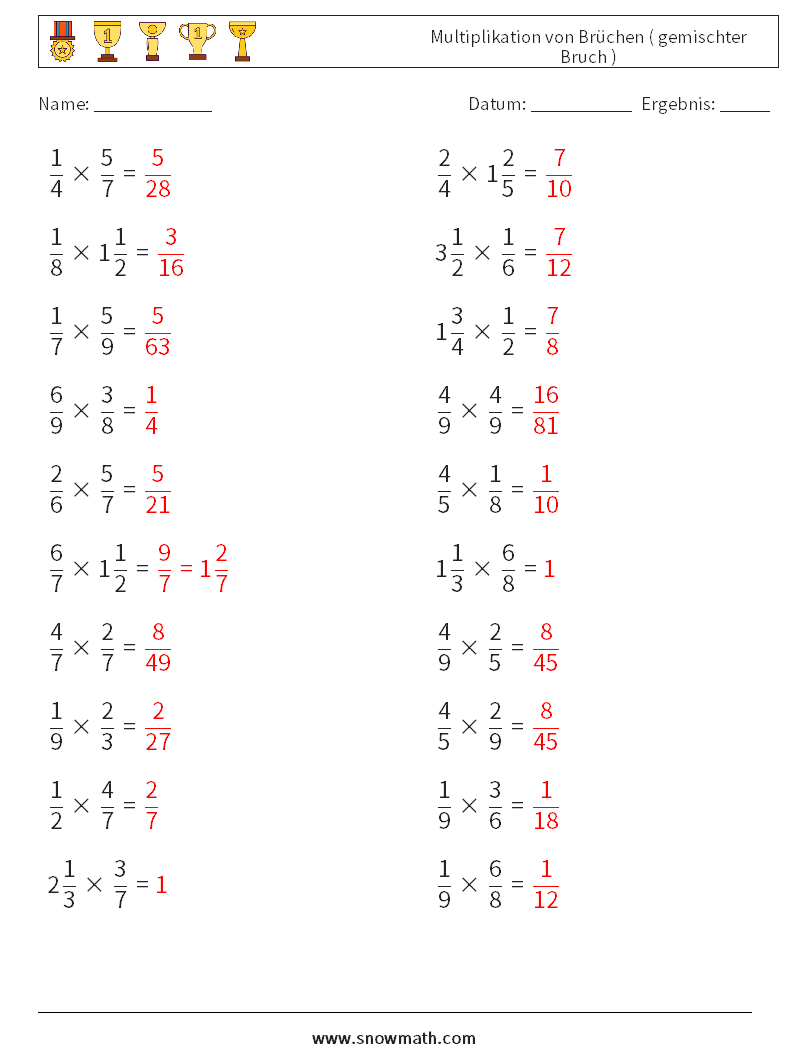 (20) Multiplikation von Brüchen ( gemischter Bruch ) Mathe-Arbeitsblätter 15 Frage, Antwort