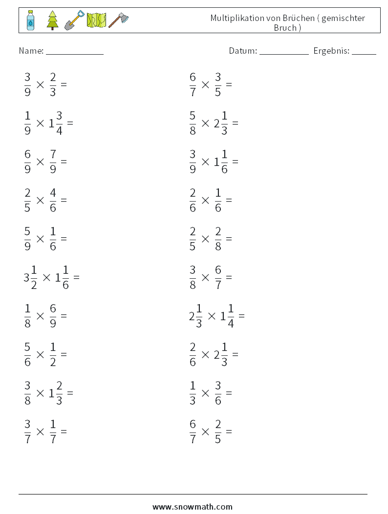(20) Multiplikation von Brüchen ( gemischter Bruch ) Mathe-Arbeitsblätter 16