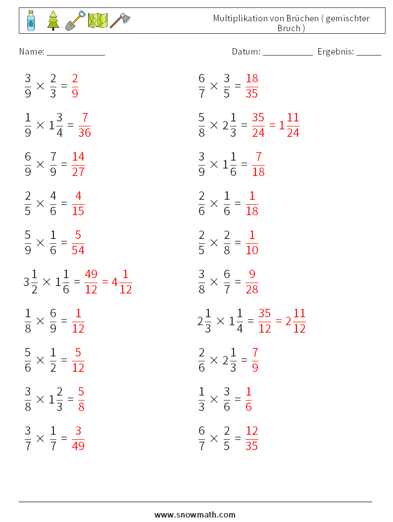 (20) Multiplikation von Brüchen ( gemischter Bruch ) Mathe-Arbeitsblätter 16 Frage, Antwort