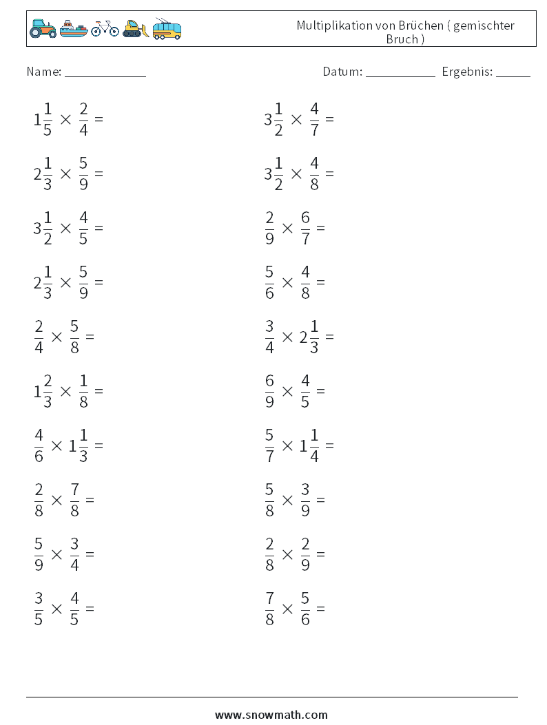 (20) Multiplikation von Brüchen ( gemischter Bruch ) Mathe-Arbeitsblätter 17