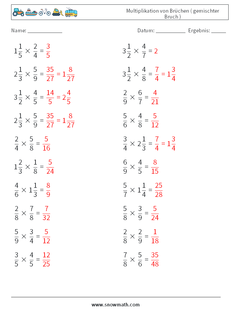 (20) Multiplikation von Brüchen ( gemischter Bruch ) Mathe-Arbeitsblätter 17 Frage, Antwort