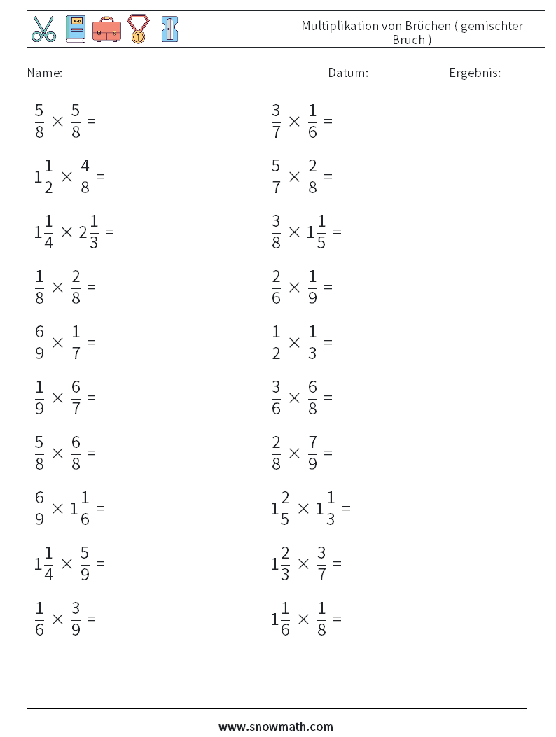 (20) Multiplikation von Brüchen ( gemischter Bruch ) Mathe-Arbeitsblätter 18