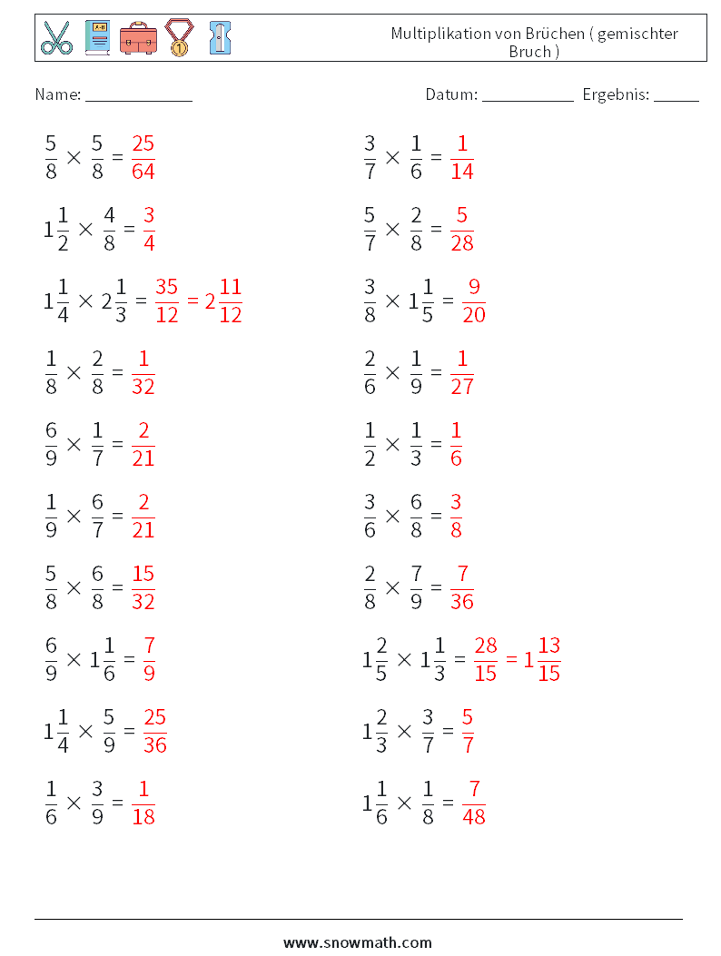 (20) Multiplikation von Brüchen ( gemischter Bruch ) Mathe-Arbeitsblätter 18 Frage, Antwort