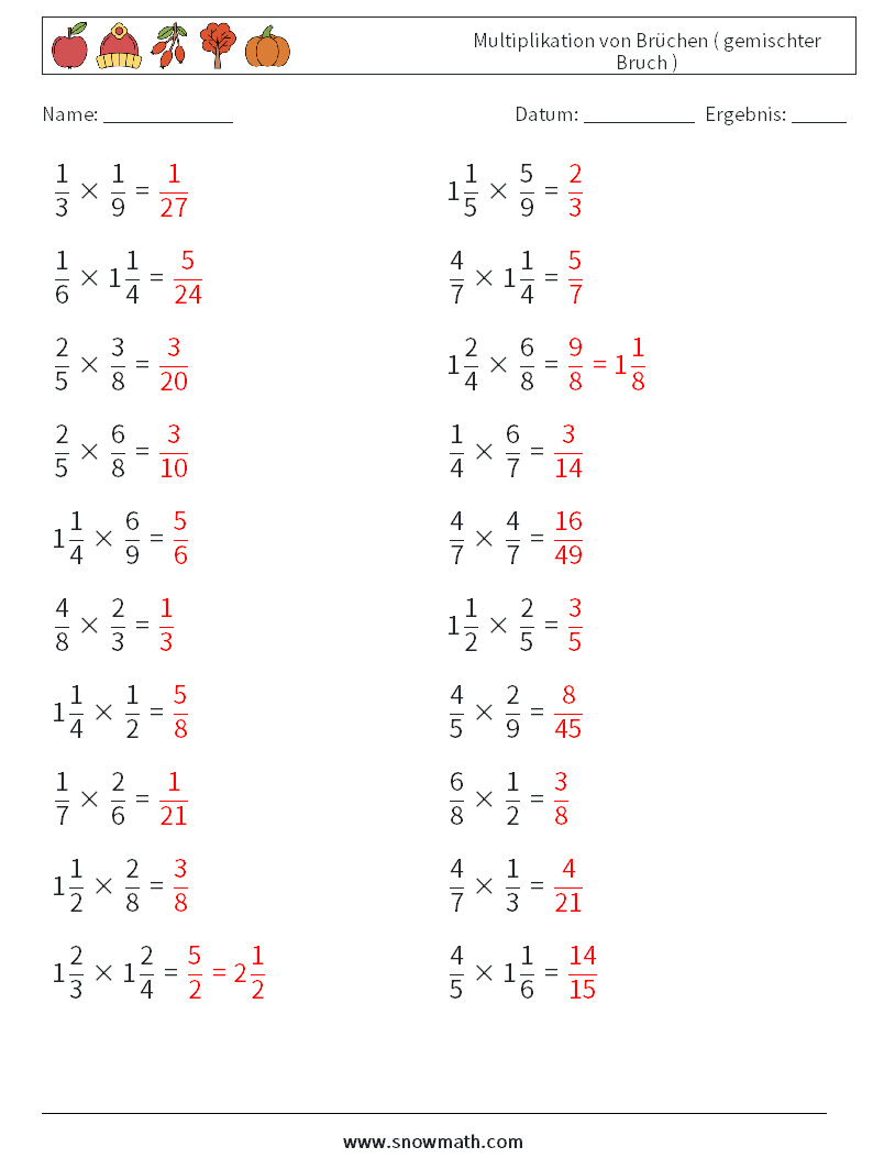 (20) Multiplikation von Brüchen ( gemischter Bruch ) Mathe-Arbeitsblätter 1 Frage, Antwort