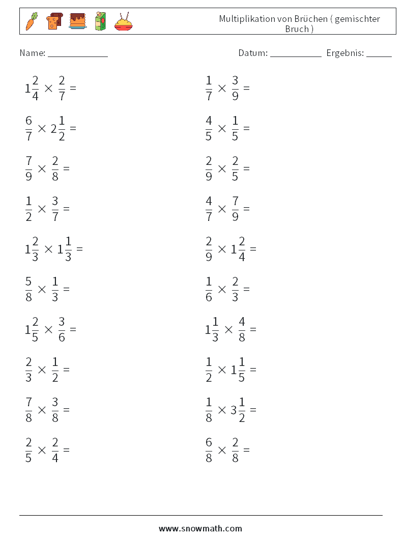 (20) Multiplikation von Brüchen ( gemischter Bruch ) Mathe-Arbeitsblätter 2