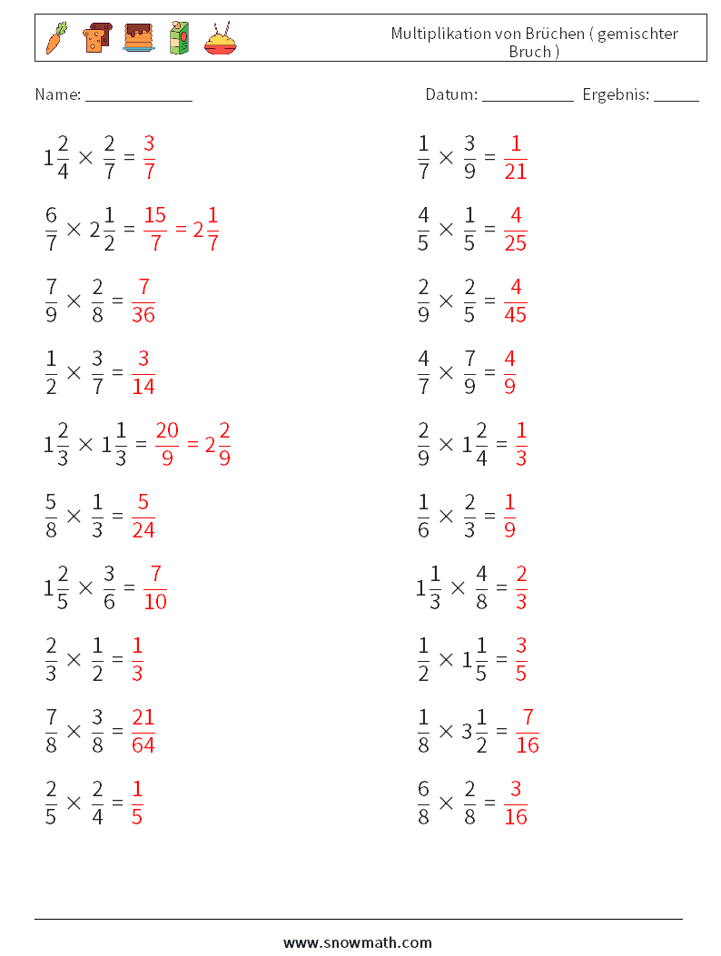 (20) Multiplikation von Brüchen ( gemischter Bruch ) Mathe-Arbeitsblätter 2 Frage, Antwort