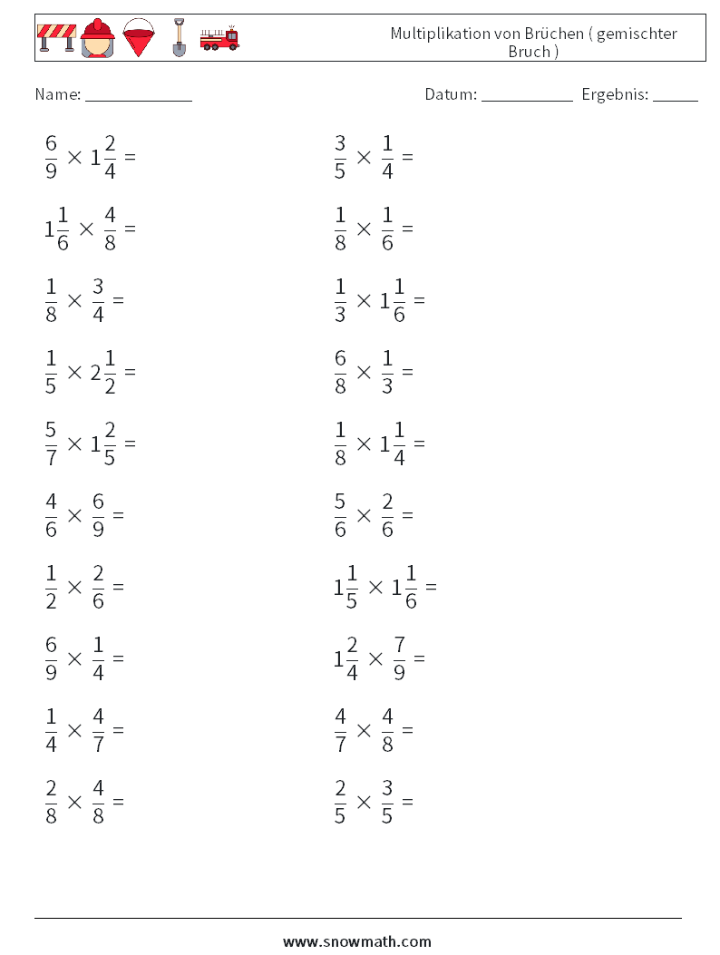 (20) Multiplikation von Brüchen ( gemischter Bruch ) Mathe-Arbeitsblätter 3