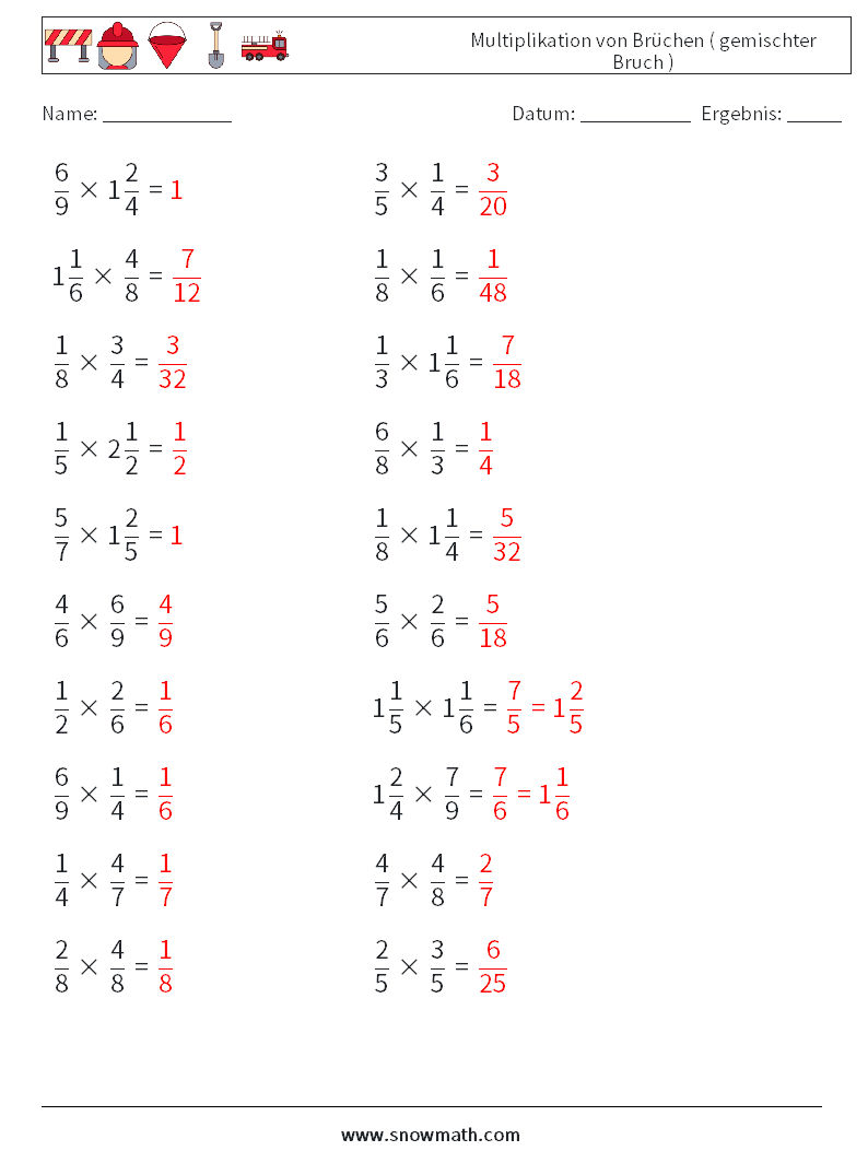 (20) Multiplikation von Brüchen ( gemischter Bruch ) Mathe-Arbeitsblätter 3 Frage, Antwort
