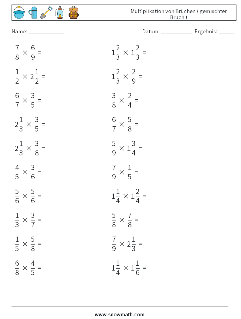 (20) Multiplikation von Brüchen ( gemischter Bruch ) Mathe-Arbeitsblätter 4