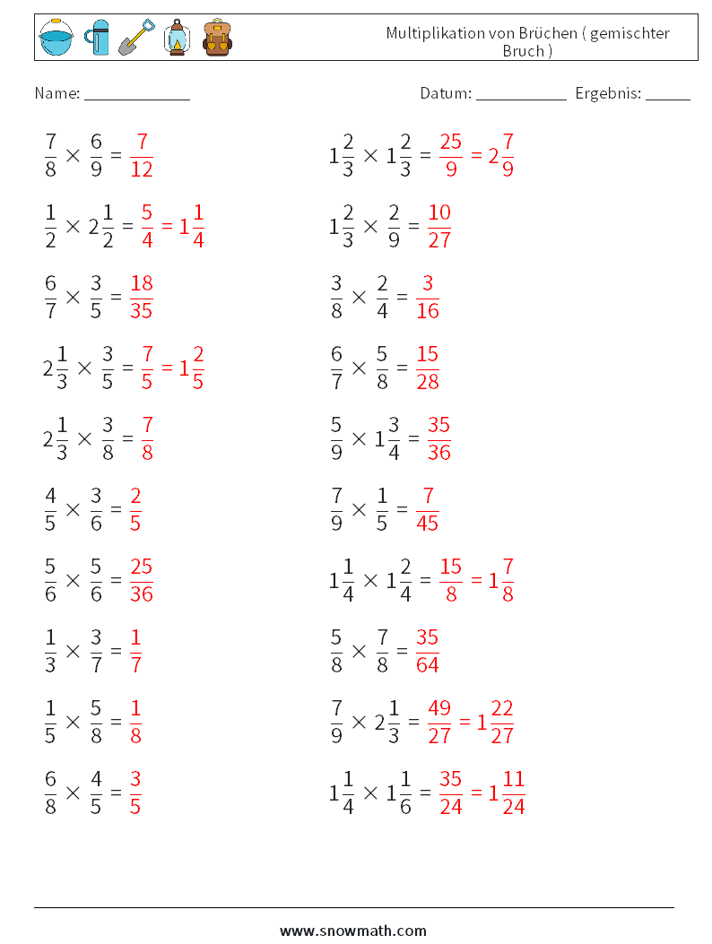 (20) Multiplikation von Brüchen ( gemischter Bruch ) Mathe-Arbeitsblätter 4 Frage, Antwort
